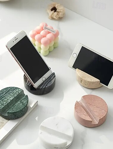  2-pakning marmorert telefonstativ til skrivebord, rund mobiltelefonholder i naturstein, minimalistisk dekorativ smarttelefonholder til kontorhjem, kompatibel med iPhone 17 16 15 pro max, Samsung