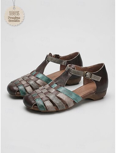 Damesandaler i kaffefarget vevd skinn – komfortable flats med t-stropp og justerbar spenne, pustende, håndlagde sommersandaler for landliv, hage og hverdagsbruk
