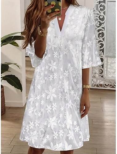  Dam Knälång klänning Spetsklänning Vit klänning Elegant Mode Strand Semester Helgdag Normal Blommig Halvlång ärm V-hals Vit Sommar Vår
