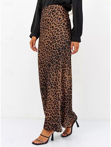  Damen Satinröcke Mode Lässig Maxi Hohe Taille Röcke Leopard Druck Mikroelastisch Täglich Straße Weiß Braun Beige Frühling Polyester