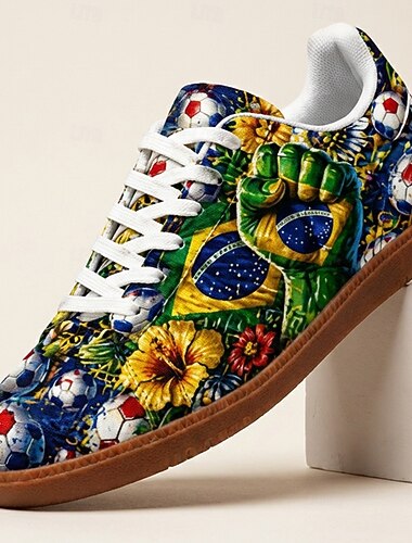  Casual sneakers voor heren met Braziliaans voetbalprint, vetersluiting, lichtgewicht, comfortabel, geschikt om te wandelen, voor voetbalfans, voor WK-wedstrijden, het aanmoedigen in het stadion, sportevenementen, reizen en dagelijks gebruik.