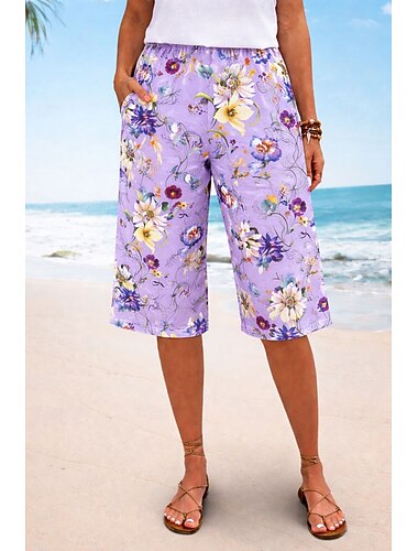  Damen Bermudashorts Chinos Shorts Urlaub Vintage Ethno-Stil Knielang Hohe Taille Blumen Grafik Elastischer Bund Komfort Unelastisch Täglich Urlaub Formell Blau Rosa Purpur Sommer Frühling Normale