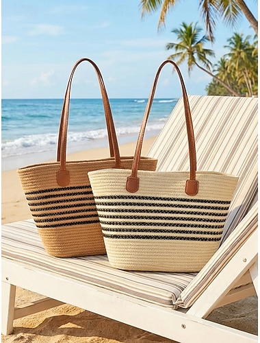  Damevevd, stripete bohemsk toteveske, stor skulderveske i strå for strandferie, feriestedreiser og hverdagsbruk.