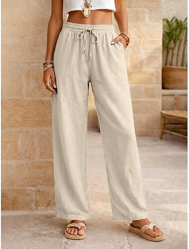  Női Pamut vászon nadrág Nyári nadrág Nadrágok Szabadság Alap Alkalmi Napi Teljes hossz Természetes Sima Zsinór Elülső zseb Mokaszinok Lélegzési képesség Kényelmes Nem elasztikus Napi Alkalmi Hétvége