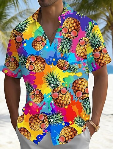  Homme Dessin animé Fruit Ananas Chemise hawaïenne Chemise Boutonnée Chemise Aloha Manche Courte Hawaïen Drôle Vacances Été Printemps Col Rabattu Impression 3D chemises à col Une poche avant Bleu Rose