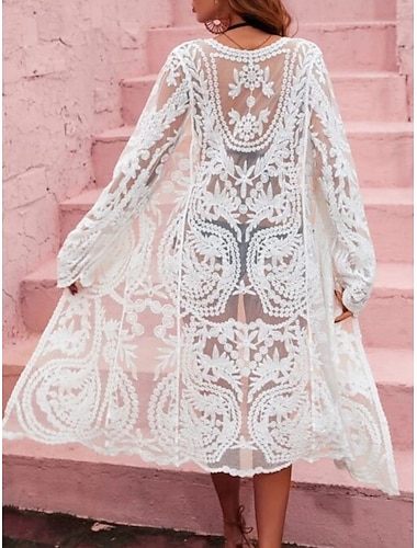  Damen Badeanzug Überwurf Bademode Spitze Urlaub Strandbekleidung Blumen Langarm Badeanzüge