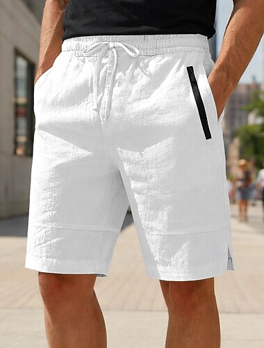  Herr Linne Shorts Sommarshorts Beach Shorts Snörning Ficka Elastisk midja Slät Komfort Andningsfunktion Knelängd Ledigt Dagligen Helgdag Mode Klassisk Stil Blå Vit Oelastisk