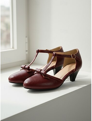 Zapatos Mary Jane vintage color burdeos para mujer de los años 50: elegantes zapatos de tacón bajo con tira en T y detalle de lazo para fiestas retro y eventos nocturnos. &estilo clásico y femenino