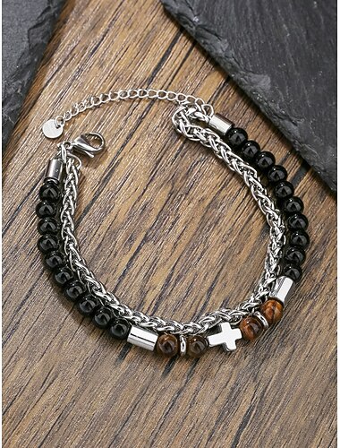  Herrenarmband im Boho-Stil mit zwei Lagen, Edelstahl und Naturstein-Kreuzanhänger, Perlenkette, für den Alltag, Strandurlaub und Resort-Look