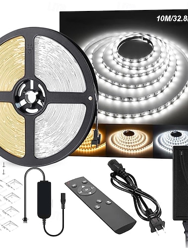  32,8 fot 65 fot vanntett hvit LED-stripelys, dimbar fleksibel taulys 3000k-6500k 24v båndlys med fjernkontroll og adapter, bånd for utendørs og innendørs soverom hjem speil kjøkken barskap