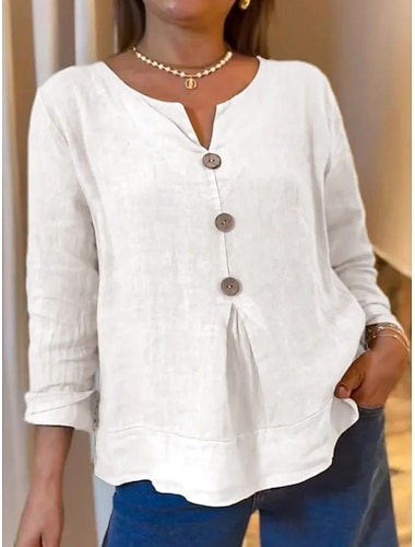  Női Ing Pamut vászon ing Blúz Gombok Sima Stílusos Klasszikus Modern Hosszú ujj V-alakú Normál felsők Napi Szabadság Alkalmi Medence Fekete Fehér Lóhere Sárgabarack Nyár Tavasz