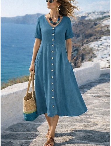  Damen Maxikleid Kunstbaumwollleinen A Linie Kleid Lässig Täglich Normale Passform Einfach Kurzarm V Ausschnitt Blau Schwarz Weiß Grün Sommer Frühling