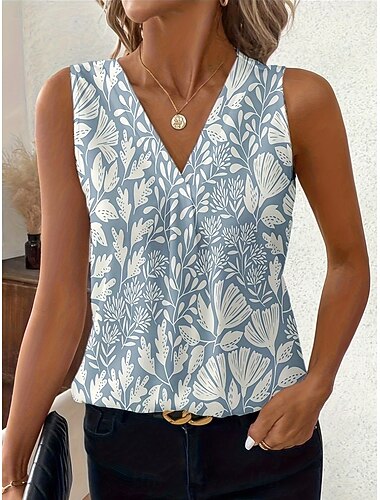  Mujer Camiseta sin mangas Floral Graphic Elegante Vintage Moda Sin Mangas Escote en Pico Tops regulares Casual Diario Azul Piscina Amarillo Rosa Verano Primavera