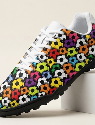  Herresko i flerfarget materiale med fotballtrykk på kunstgress og snøring, lette fotballfansko til kampdag, stadionsupport, sportsarrangementer, reiser og fritidsklær.