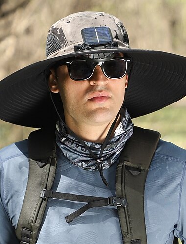 Chapeau ventilé solaire unisexe, chapeau de soleil rafraîchissant avec ventilateur solaire intégré, chapeau à large bord pour la pêche, la randonnée et les safaris, protection UV UPF 50+, casquette