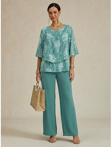  Ensemble pantalon fleuri en mousseline à manches courtes et col rond pour femme, idéal pour les mariages et les occasions élégantes.
