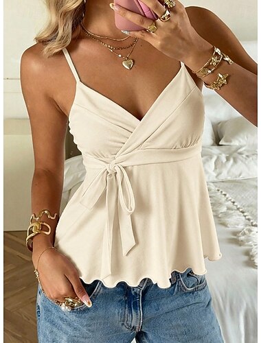  Dame Skjorte Helfarve Vanlig Elegant Boheme Aktiv Uden ærmer V-hals Almindelige toppe Afslappet Grøn Sort Lyserød Mørkeblå Beige Sommer Forår