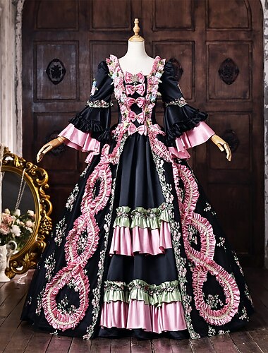  Rococó Barroco Vestido de Baile Longo Vestidos Vestido de Baile Manga Comprida Princesa Casamento Laço Floral De Baile Decote Quadrado Fantasia Mulheres Real Dia Das Bruxas Carnaval Baile de Máscaras