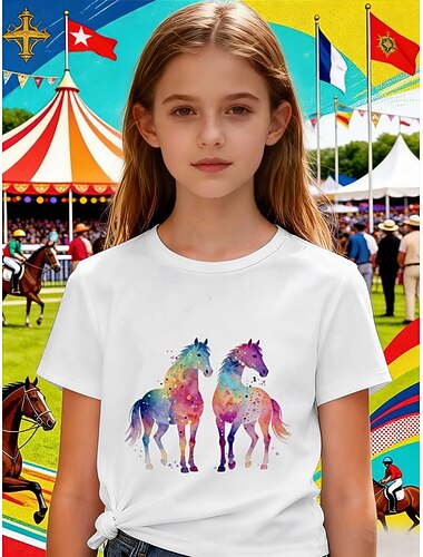  100% Algodão Derby de Kentucky Infantil Para Meninas Branco Gráfico Cavalo Camisa Camiseta Gola Redonda Manga Curta Férias Desportos e Ar livre Dia a Dia Férias Moda Casual Estampado Verão