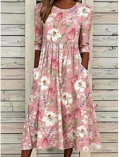  Dam Midiklänning Sheath Dress T shirtklänning A linjeklänning Sommarklänning Semester Ledigt Boho Dagligen Sommarklänning Vårklänning Normal Blommig Grafisk Kortärmad Rund hals Blå Rodnande Rosa