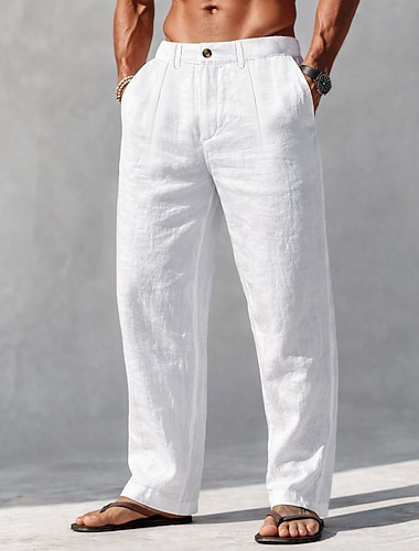  Herr Linne Byxor Långbyxor Sommarbyxor Rakt ben Slät Komfort Andningsfunktion Fullängd Ledigt Dagligen Utomhus Mode Klassisk Stil Blå Svart Oelastisk
