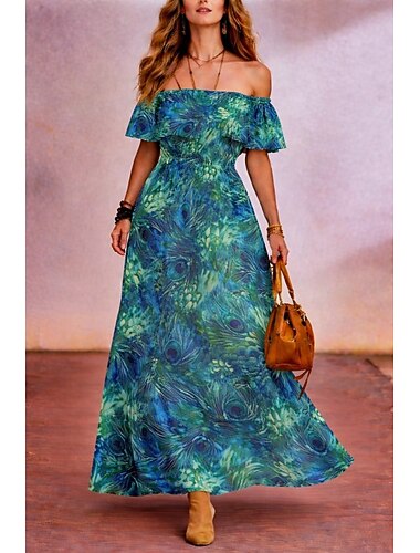  Vestido longo feminino de chiffon, modelo tubinho, estilo evasê, com ombros à mostra, ideal para férias, festas na praia, casamentos, modelagem padrão, estampa floral, sem mangas, nas cores azul e