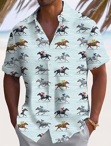  Derby du Kentucky Homme Rayé Course de chevaux Chemise Chemise d'été Chemise Boutonnée Manche Courte Vintage Rétro Fête Été Printemps Col Rabattu Impression 3D chemises à col Bleu Blanche Vert Bleu