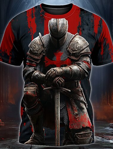  Maglietta Uomo Crociati Cavaliere Templare Medievale in Ginocchio Croce Rossa Spada Schizzo di Sangue Guerriero Gotico Vintage Retro T-Shirt Stampa Totale Regolare Fit Casual Stile da Strada Designer