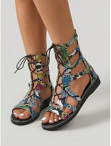  Gladiatorsandaler med ormmönster för kvinnor – platta skor med snörning och remmar, djärv bohemisk stil för utomhussemester, resor, strand och sommarfestivaler