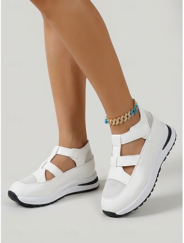  صنادل رياضية نسائية بيضاء منسوجة - أحذية رياضية شبكية مسامية مزودة بوسادة هوائية وخطاف مريح &حزام حلقي للسفر والمشي &ملابس يومية