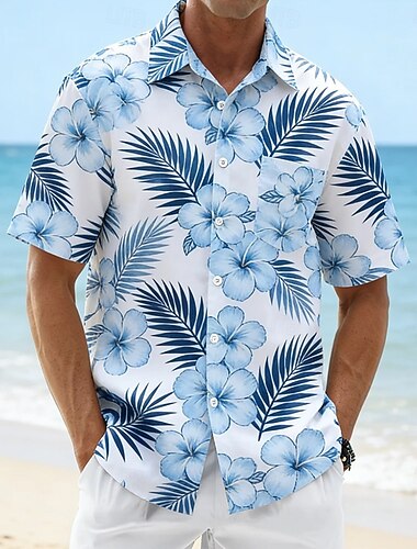  男性用 フラワープリント 熱帯の花 シュロの葉 ハワイアンシャツ トロピカルシャツ アロハシャツ 半袖 ハワイアン ビーチでの休暇 夏 折襟 3Dプリント フロントポケット1つ ボタンアップシャツ ブルー ホワイト イエロー グリーン
