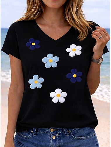  Valentinstag Damen T Shirt Druck Grafik Pflanzen Buchstabe Stilvoll Klassisch Lässig Kurzarm V Ausschnitt Normale Oberteile Lässig Täglich Blau Schwarz Weiß Rosa Rote Sommer Frühling