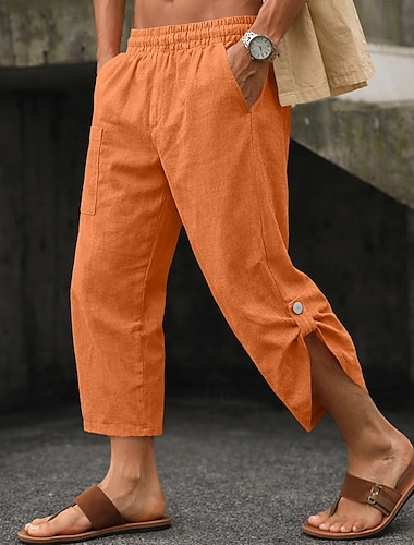  Herren Capri-Shorts Leinenhosen Sommerhose Elastischer Bund Gerader Schnitt Einfach Komfort Atmungsaktiv Volle Länge Lässig Täglich Outdoor Mode Einfach Kürbis Weiß Unelastisch
