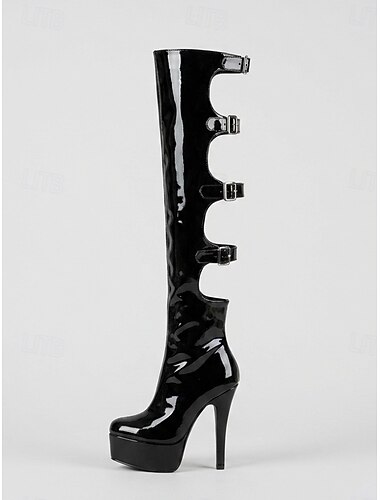  Dames zwarte lakleren platform kniehoge laarzen - stilettohakken met uitgesneden gesp voor een avondje uit