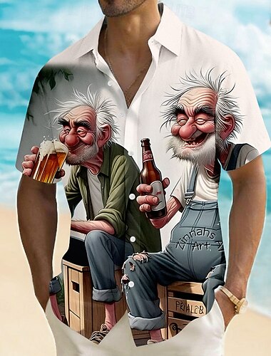  Homme Personnages de dessins animés Bière Vieil Homme Chemise Chemise d'été Chemise Boutonnée Manche Courte Drôle Vintage Rétro Extérieur Vacances à la Plage Été Printemps Col Rabattu Impression 3D