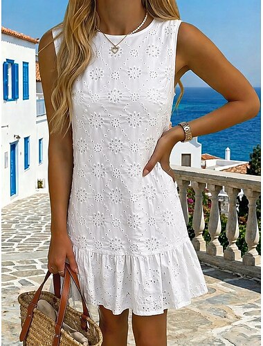  Damen Minikleid Weißes Kleid Kleid mit Lochstickerei Mode Modern Strand Urlaub Ferien Normale Passform Blumen Ärmellos Rundhalsausschnitt Weiß Sommer Frühling