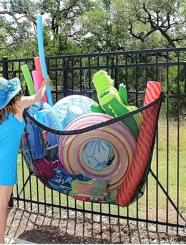  Borsa portaoggetti in rete da appendere per piscina, borsa organizer in rete per piscina di grande capacità, custodia in rete traspirante e resistente per giocattoli gonfiabili da piscina, salvagenti,