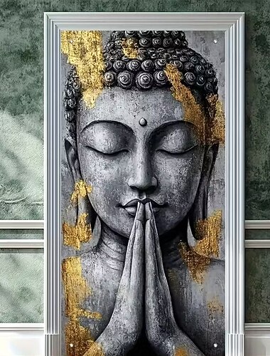  zenbuddhism bedjande buddhastaty bladguldkonst dörrbanderoll mediterande buddhahuvud grå stenstruktur dörrskydd för yogastudio meditationsrum heminredning