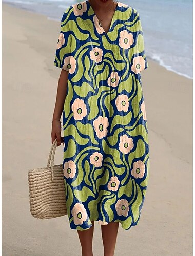  Dame Midikjole Skiftkjole Solkjole Ferie Fritid Strandstil Daglig Ut på byen Normal Nyanse Blomstret Grafisk Kortermet V-hals Marineblå Lysegrønn Rød Lysebrun Sommer Vår