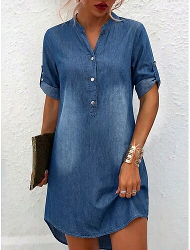  Damen Knielanges Kleid Jeanskleider Freizeitkleid A Linie Kleid Mode Basic Täglich Outdoor Urlaub Normale Passform Einfach Kurzarm Stehkragen Blau Sommer Frühling