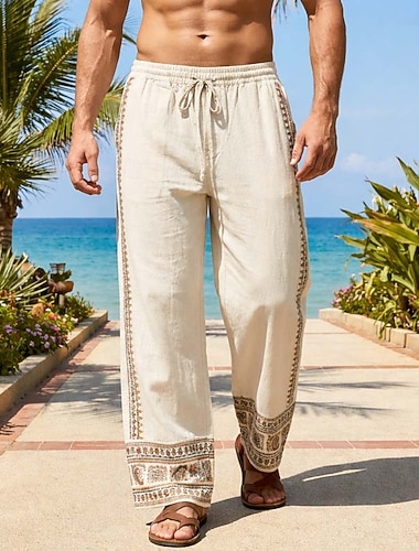 Herren Leinenhosen Hose Sommerhose Baggy-Hosen Strandhose Kordelzug Elastischer Bund Druck Geometrisch Einfach Komfort Atmungsaktiv Volle Länge Täglich Strand Ferien Mode Böhmische Blau Schwarz