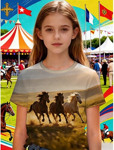  Mädchen 3D Grafik Pferd T-Shirt Kurzarm 3D-Druck Sommer Frühling Sport Mode Streetwear Kinder 4-12 Jahre Rundhalsausschnitt Lässig Täglich Outdoor Normale Passform