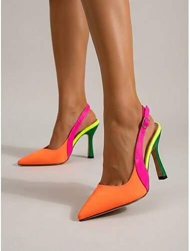  Dames slingback pumps in een levendige oranje kleurstelling - stijlvolle pumps met spitse neus en hoge hakken in neonroze. &Groene accenten voor dagelijkse werkoutfits en stijlvolle stadskleding.
