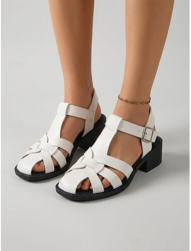  Sandales gladiateur blanches pour femmes – sandales à brides tressées et petit talon, chaussures d'été confortables et tendance pour un look décontracté & voyage