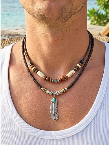  Men's Bohemian Double Layer Necklace, Alloy and Wax Cord Feather Pendant Beaded Necklace for Daily Casual Wear, Beach Vacation and Resort Styling