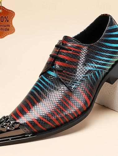  herresko med røde blå slangeskinnsmønster og oxford-sko med snøring, spiss tå og metallkappe til bryllup, banketter, fester, skoleball, sceneopptredener og dristig statement-festantrekk