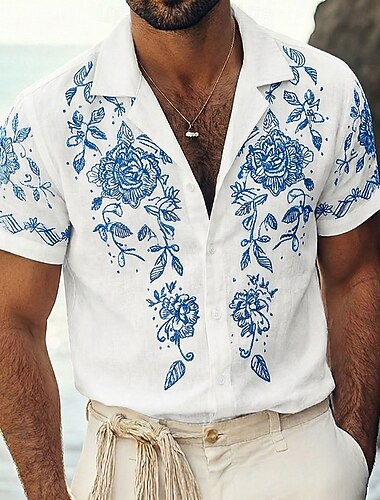  Herr Blomtryck Blommor Skjorta Knapp upp skjorta Lägerskjorta Kort ärm Vintage retro Ledigt / vardag Strandsemester Sommar Vår Kubansk krage 3D-utskrift Linne som skjorta Blå Rubinrött Purpur Grön