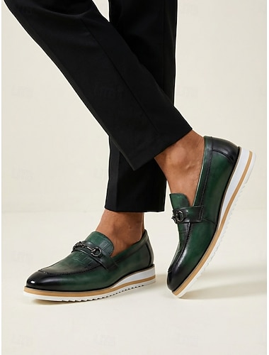  Groene leren casual herenschoenen, elegant instapmodel, comfortabele gedempte zool, stijlvolle casual look voor bruiloften, feesten en dagelijks gebruik.