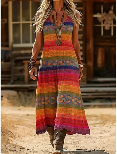 Dame Maxikjole Boho-kjole Vintage kjole Uformell kjole Årgang Ferie Løstsittende Bohem Blomstret Grafisk Ermeløs V-hals Blå Rød Oransje Sommer Vår