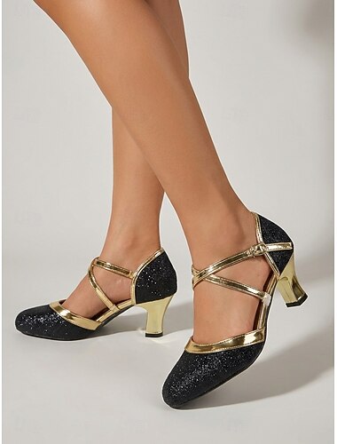  أحذية نسائية مستوحاة من حقبة غاتسبي في عشرينيات القرن الماضي، سوداء لامعة - أحذية ماري جين أنيقة بكعب عالٍ وأشرطة ذهبية معدنية لحفلات عشرينيات القرن الماضي الصاخبة وحفلات الزفاف ذات الطابع الكلاسيكي